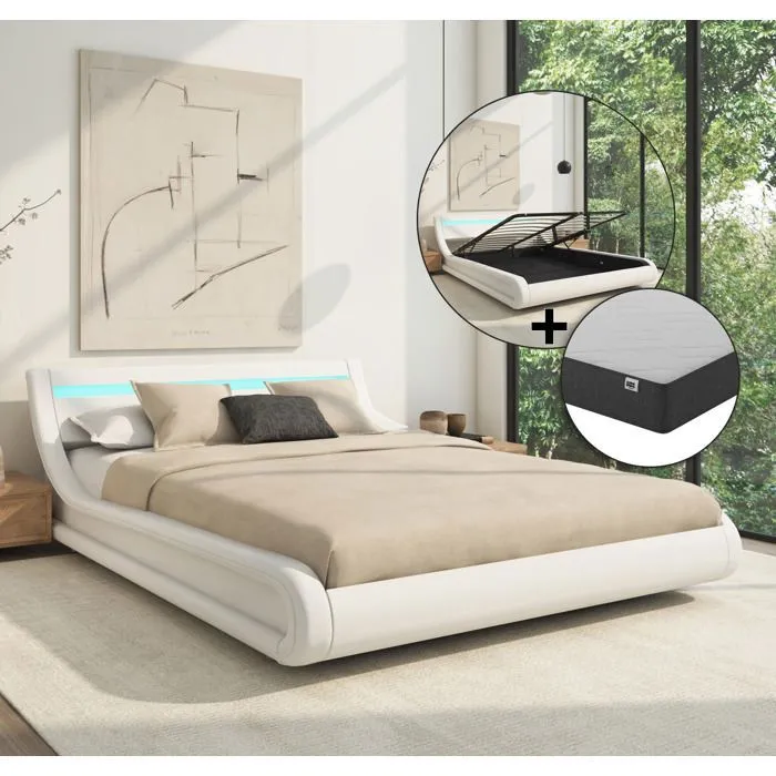 Lit Coffre Avec Matelas Texas Lit Adulte Couleur Blanc Avec Led Matériaux Bois Et Simili Cuir Coffre De Rangement Modèle Parisina 150x190cm