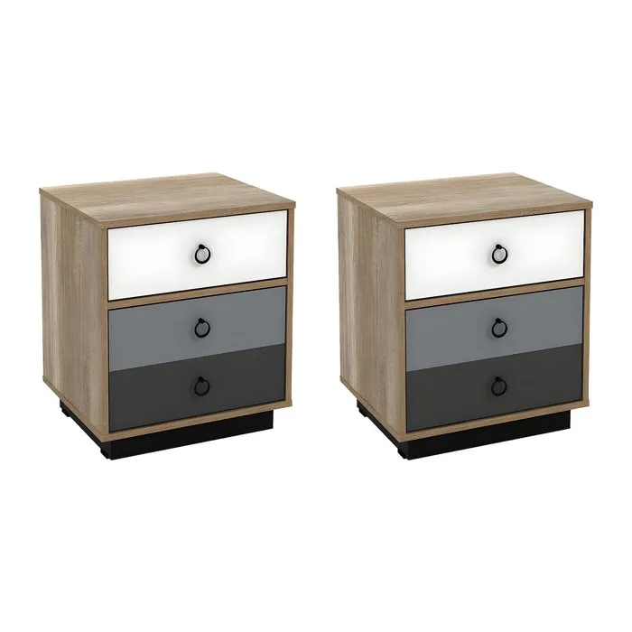 Lot de 2 tables de chevet - 1 tiroir et 1 porte - Coloris: Naturel, blanc et gris - KRYPTON