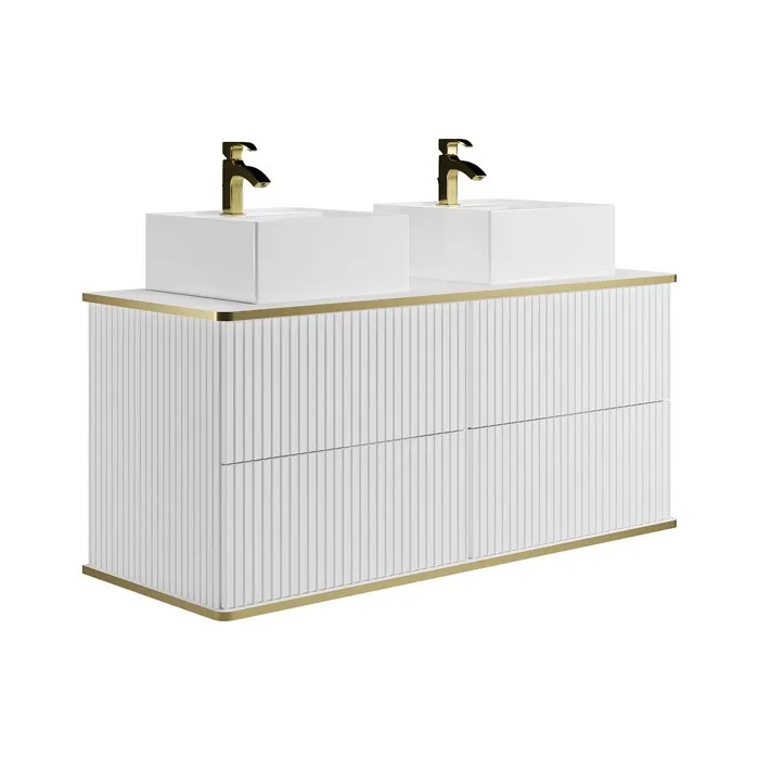 Meuble de salle de bain suspendu strié liseré doré avec double vasque à poser carrée - Blanc - 120 cm - KELIZA
