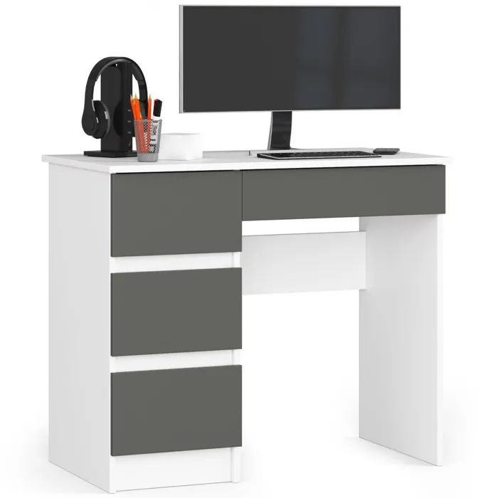 Bureau D'ordinateur Akord Gauche A7 Blanc 90 Cm 4 Tiroirs Façade Gris Graphite 90x50x77 Cm
