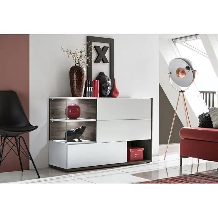 Buffet design KLIS blanc et orme perle brillant 3 portes, niches vitrées et LED