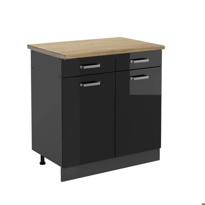 Vicco Meuble cuisine Noir Haute brillance/Anthracite 80cm plan de travail Chêne doré