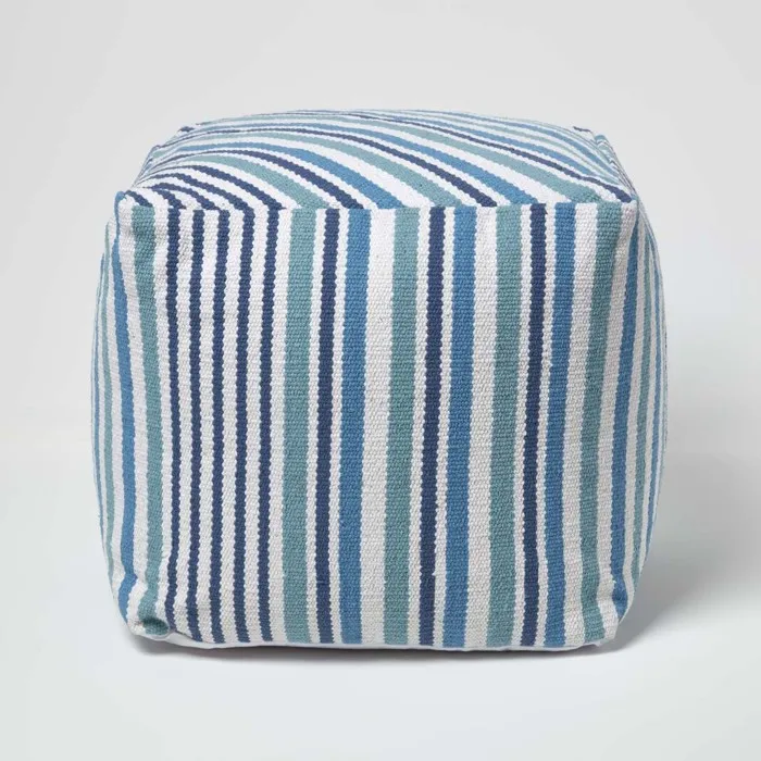 Pouf Carré En Coton Rayé Bleu 40x40cm - Homescapes