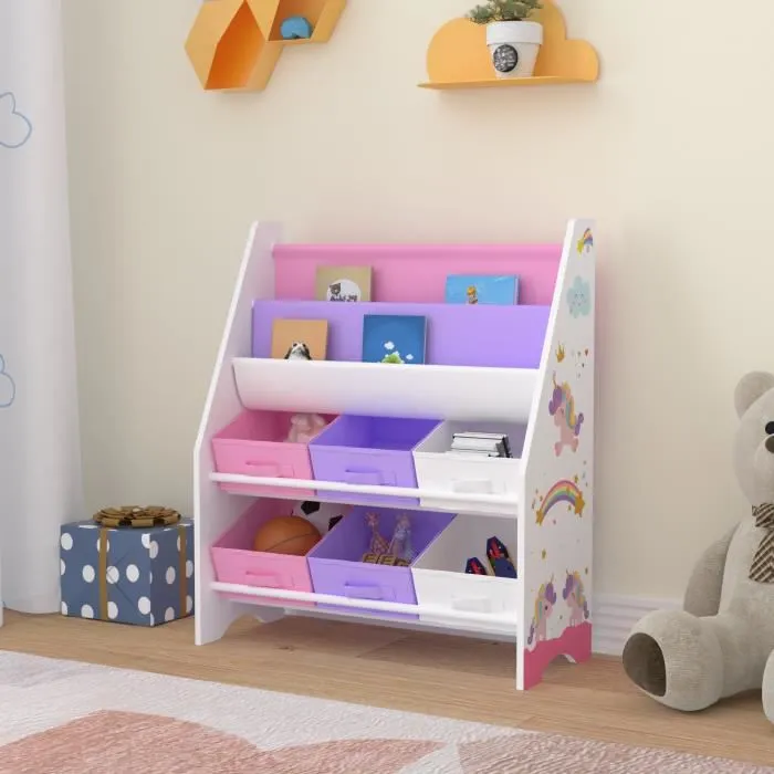 Étagère de rangement Ponteceso pour enfant avec 6 bacs ouverts blanc violet rose en.casa