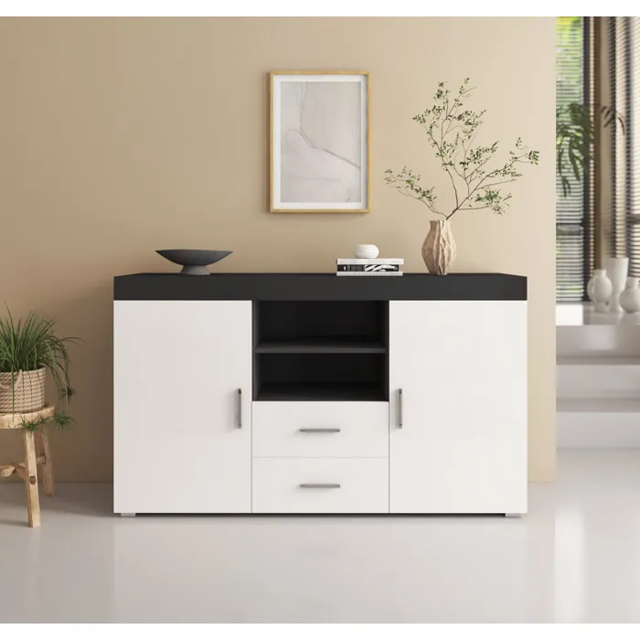 Muebles Bonitos - Buffet De Salon Bas 2 Portes 2 Tiroirs 140x80x40cm Meuble De Rangement Modèle Roque Couleur Noir Et Blanc Finition Brillante