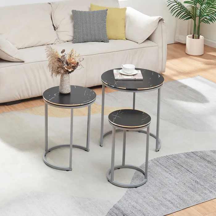 Set de 3 tables d'appoint Bornholm rondes gigognes marbre noir argent en.casa