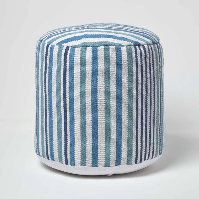 Pouf Rond En Coton Rayé Bleu 45x40cm - Homescapes