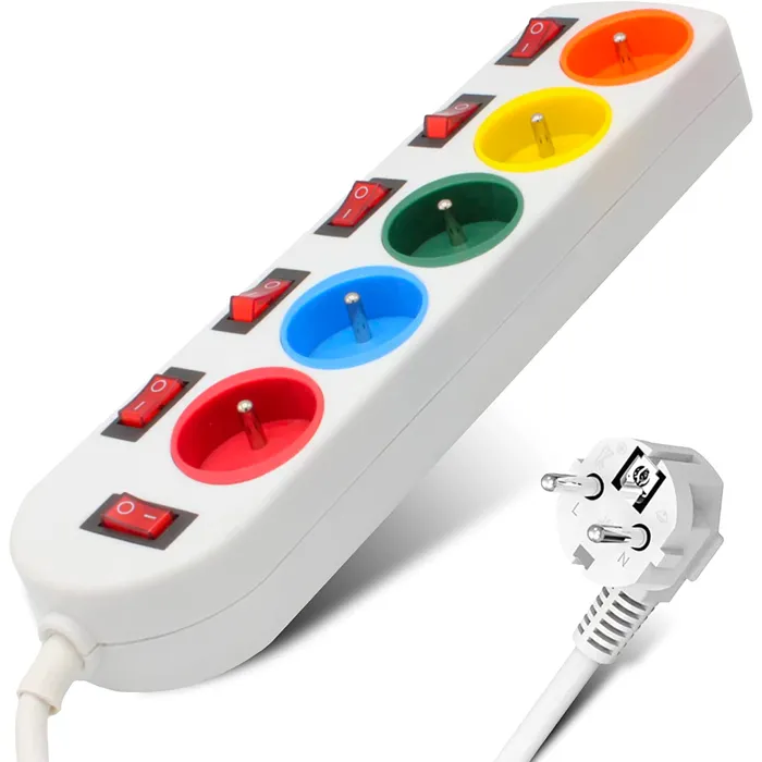 Multiprise 5 Prises FISHTEC Interrupteurs Câble 150 cm Stickers Couleurs