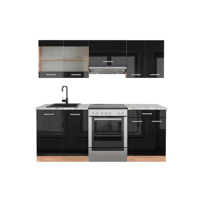 Vicco Cuisine Noir brillant/Chêne doré 200cm, PT Marbre