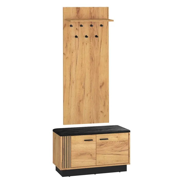 Meuble entrée porte-manteau étagère et banc à chaussures 2 portes Nilo Bois