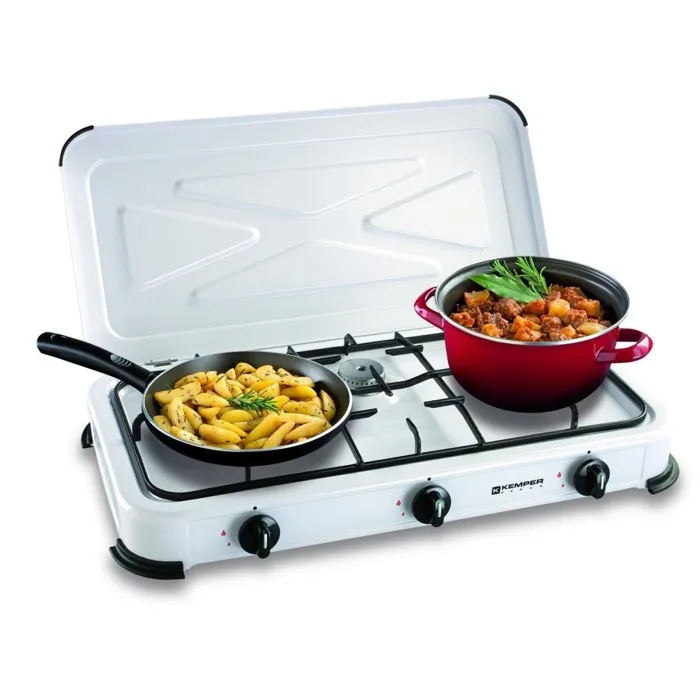 Réchaud Gaz Portable 3 Feux 3450w Blanc Laqué Couvercle Plaque De Cuisson Kemper