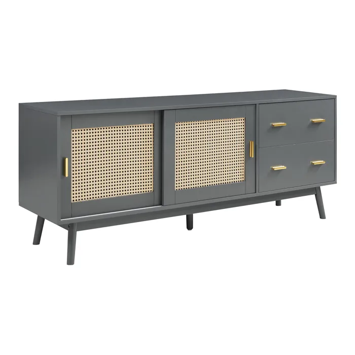 Meuble TV Susa avec façade en polyrotin 160 x 40 x 65 cm gris en.casa