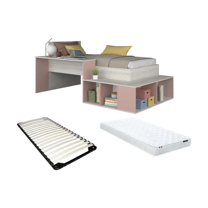 Lit combiné 90 x 200 cm avec rangements et bureau - Coloris: Naturel et rose + Sommier + Matelas - RIGALI