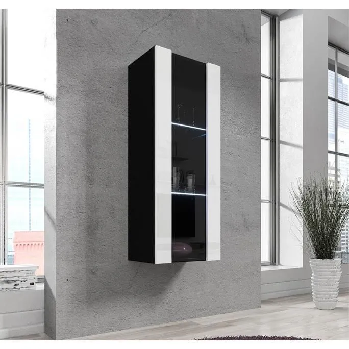Vitrine Murale Verticale Avec Led Meuble De Rangement 40x126x29cm 3 Compartiments 1 Porte 1 Vitrine Modèle Nora V2 Gris Finition Brillante