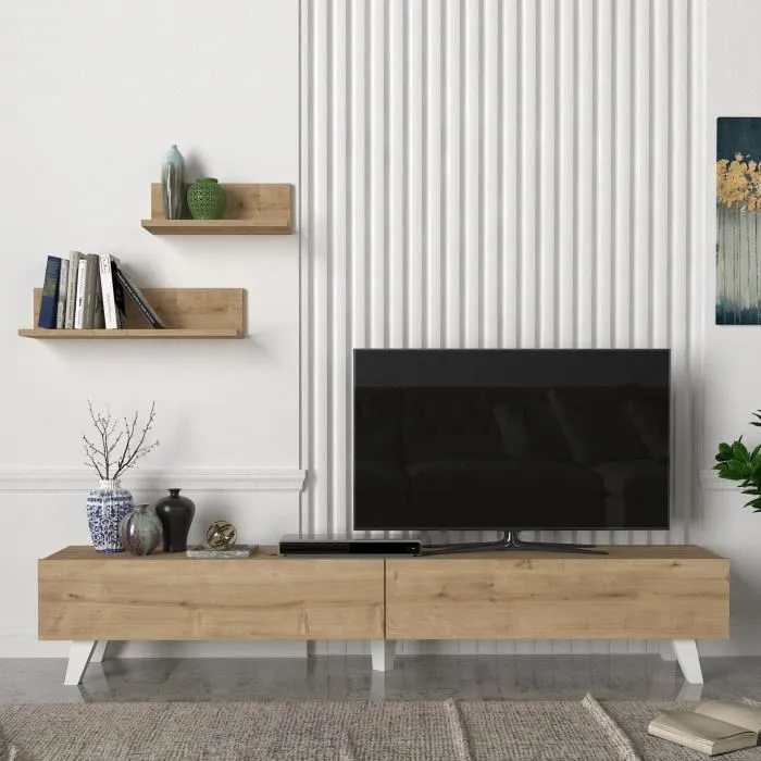 Ensemble meuble TV et 2 étagères Saarijärvi 180 x 31 x 33 cm effet chêne en.casa