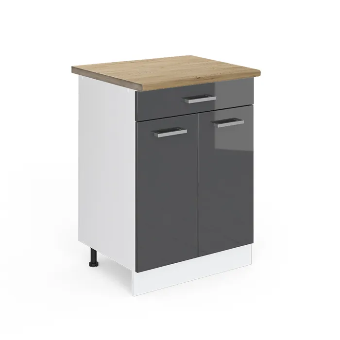 Vicco Meuble cuisine Anthracite Haute brillance 60cm avec tiroir, PT Chêne