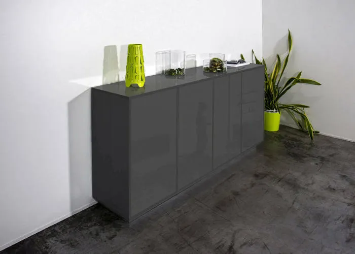 Buffet Aulina, Buffet de cuisine 4 portes, Buffet de salon, 100% Made in Italy, 180x41h86 cm, Anthracite Brillant