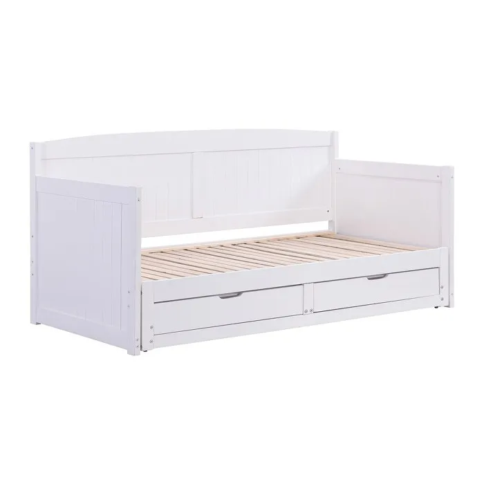 Lit gigogne banquette 90 x 190 ou 180 x 190 cm - Avec sommier peigne et tiroirs - Pin et MDF - Blanc - DINIVA