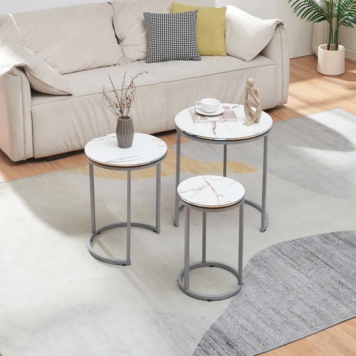 Set de 3 tables d'appoint Bornholm rondes gigognes marbre blanc argent en.casa
