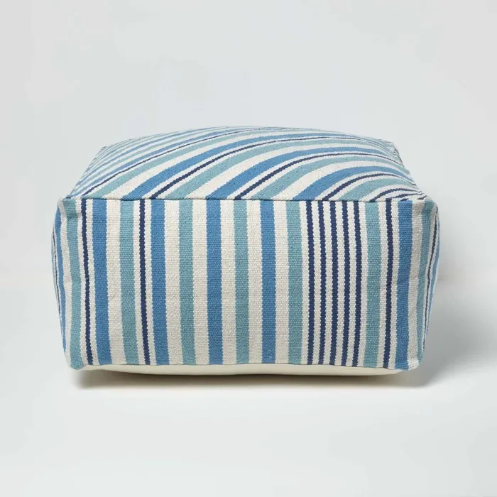 Pouf Carré En Coton Rayé Bleu 60x60x30cm - Homescapes