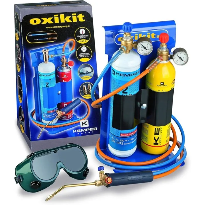 Chalumeau Bi Gaz Pro 110 Bar Oxygène / Propane Réducteurs Gaz Manomètres + 2 Pointes Oxykit 3300°c Kemper