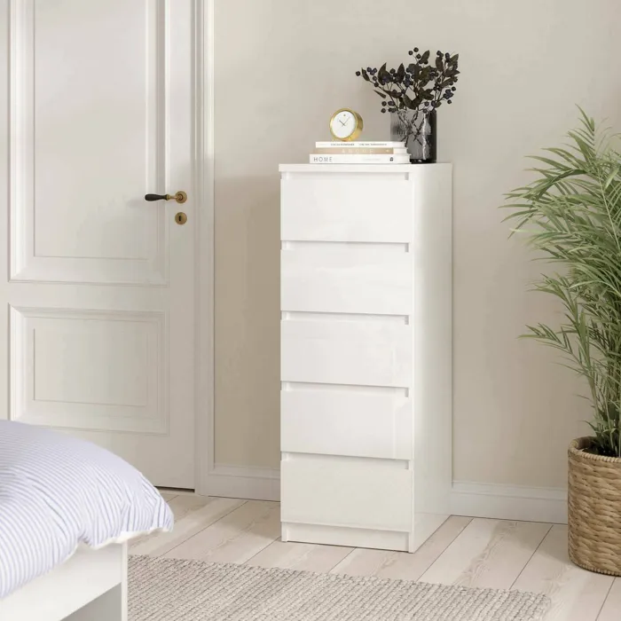 Commode Achaldi, 5 Tiroirs 40x50x111h cm Blanc Brillant