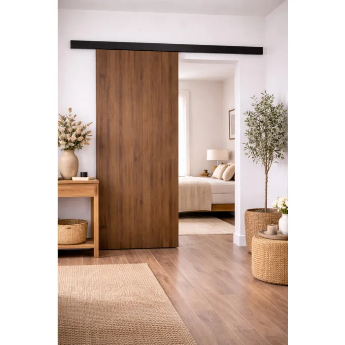 Porte Coulissante Décor Noyer Light Walnut H204 X L83 Cm, Rail Alu Bandeau Noir Gd Menuiseries