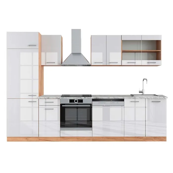 Vicco Cuisine Blanc brillant/Chêne doré 300cm, PT Marbre