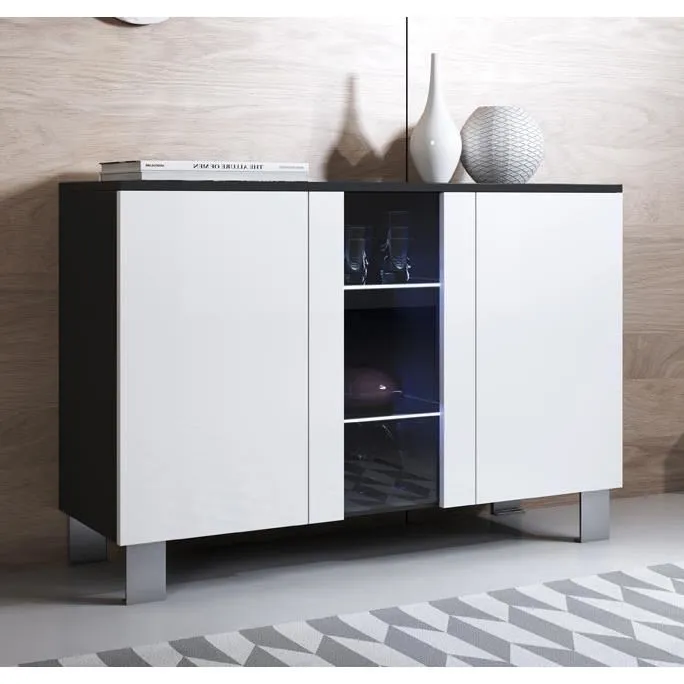 Buffet De Salon Bas 3 Portes 2 Étagères Vitrine Avec Led 120x82x40cm Pieds En Aluminium 12cm Modèle Luke A1 Couleur Noir Et Blanc Finition Brillante