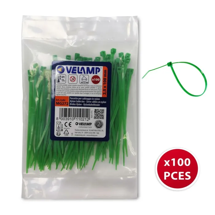 Serre-câbles verts en nylon 2,5 x 100 - 100 pièces