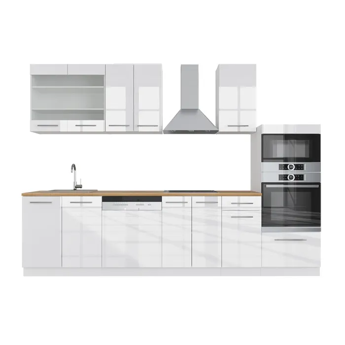 Vicco Cuisine blanc brillant/blanc 300cm avec armoire haute, PT Chêne
