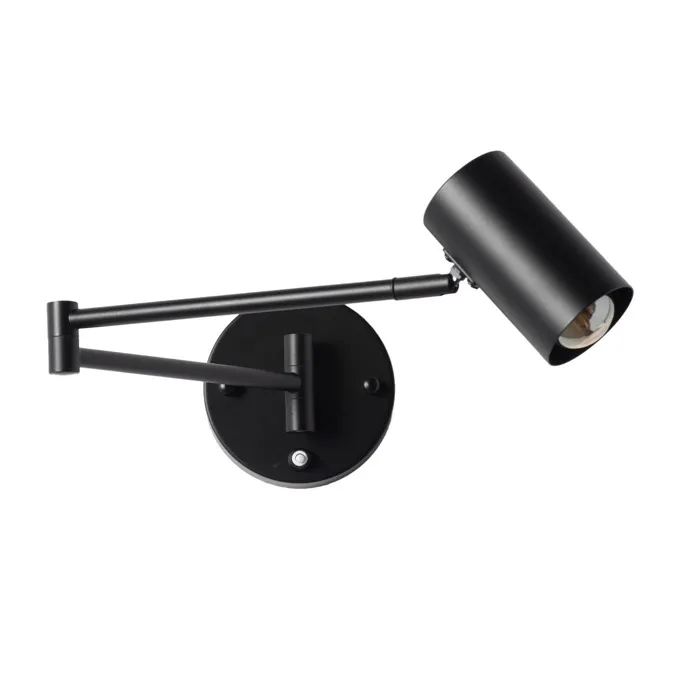 Applique murale extensible en métal noir avec interrupteur intégré, bras articulé et tête orientable, culot E27