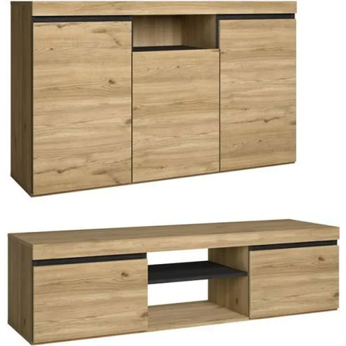 Set Naturale Salle À Manger, Meuble Auxiliaire, Buffet-meuble Tv 140cm Chêne Noir