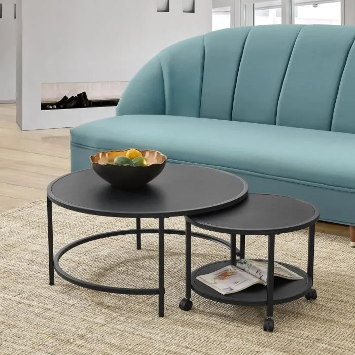 Lot de 2 tables basses Væroey rondes gigognes à roulettes noir en.casa