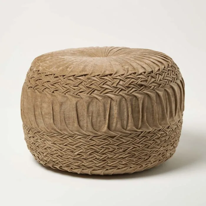 Pouf Rond Sofia En Velours Plissé, Beige - Homescapes