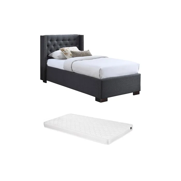 Lit 90 x 200 cm avec tête de lit capitonnée - Tissu - Gris + Matelas - MASSIMO II