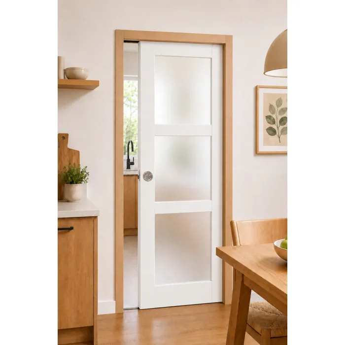 Porte Coulissante Kenya Blanc Vitrée H204 X L73 Cm, Galandage, Kit Finition Gd Menuiseries