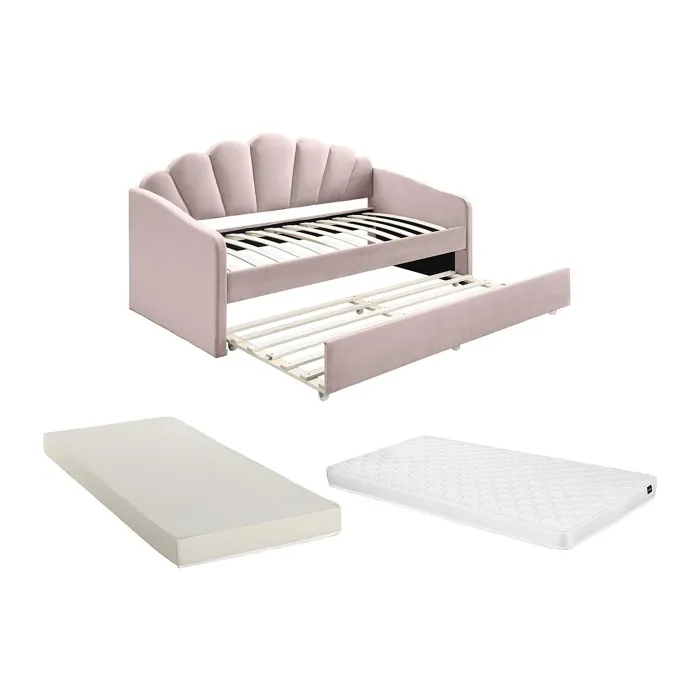 Lit gigogne coquillage 2 x 90 x 190 cm - Velours - Rose + Matelas - ELUSIA