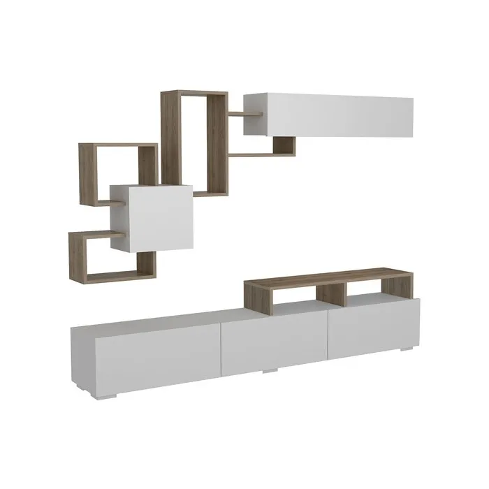 Mur TV avec rangements - Naturel clair et Blanc - TALOLI II