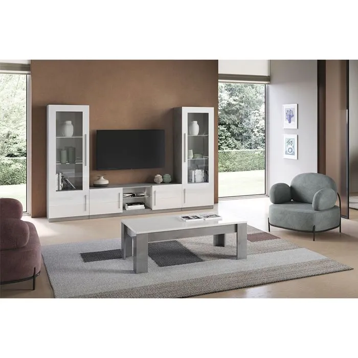 Clark - Ensemble Salon Complet Blanc Et Marbre Meuble Tv Et Vitrines Avec Leds + Table Basse