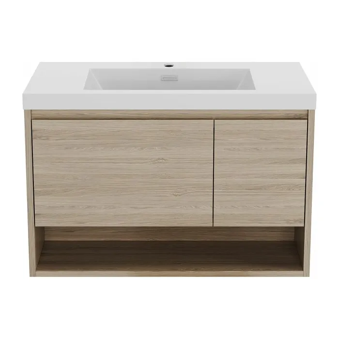 Meuble de salle de bain suspendu simple vasque coloris naturel clair - 90 cm - PUJUKA