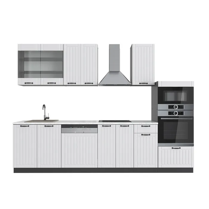 Vicco Cuisine Blanc cottage/anthracite 300cm avec armoire haute, PT Marbre