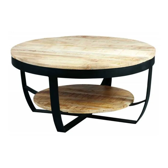 GARONA - Table Basse Ronde 80cm en Bois Massif et Métal Noir