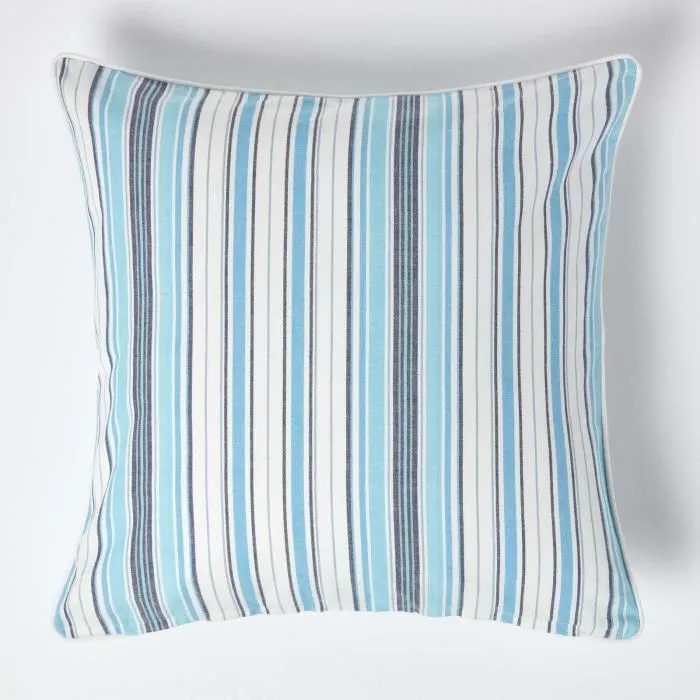 Housse de coussin en coton à rayures bleues, 60 x 60 cm - HOMESCAPES