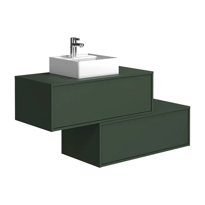 Meuble de salle de bain suspendu vert mat avec simple vasque carrée et deux tiroirs - 94 cm - TEANA II