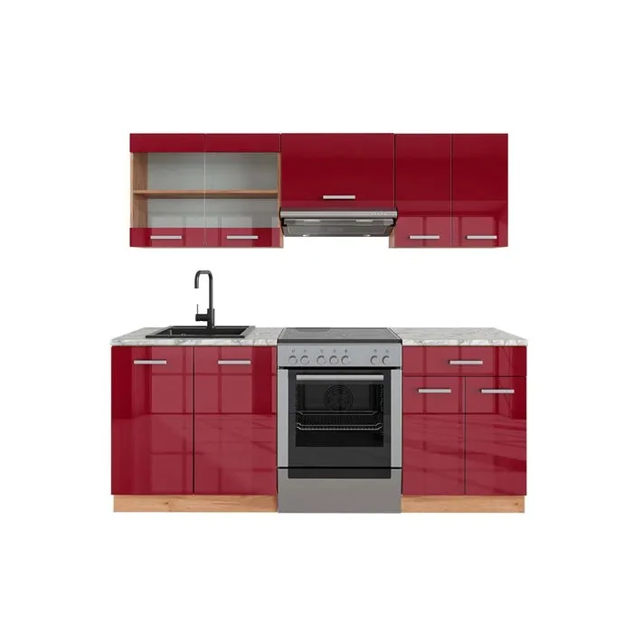 Vicco Cuisine Bordeaux brillant/Chêne doré 200cm, PT Marbre