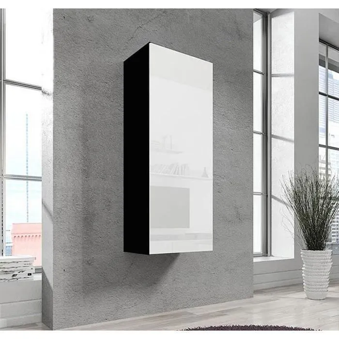 Armoire Murale 1 Porte Meuble De Rangement 40x126x29cm 3 Compartiments Modèle Nora V1 Noir Et Blanc Finition Brillante