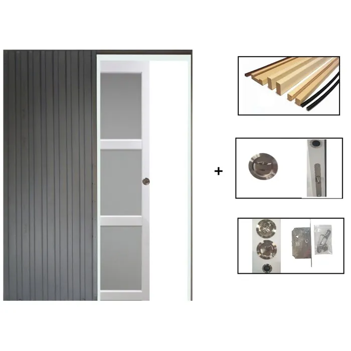 Porte Coulissante Kenya Blanc Vitrée H204 X L83 Cm, Galandage, Kit Finition Gd Menuiseries