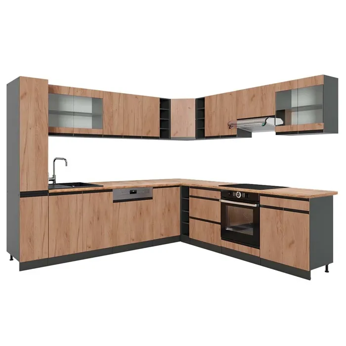 Vicco Cuisine en angle Chêne de force doré/Anthracite 277 x 257 cm J-Shape, PT Chêne