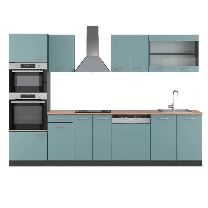 Vicco Cuisine Bleu-gris/anthracite 300cm avec armoire haute, PT Chêne
